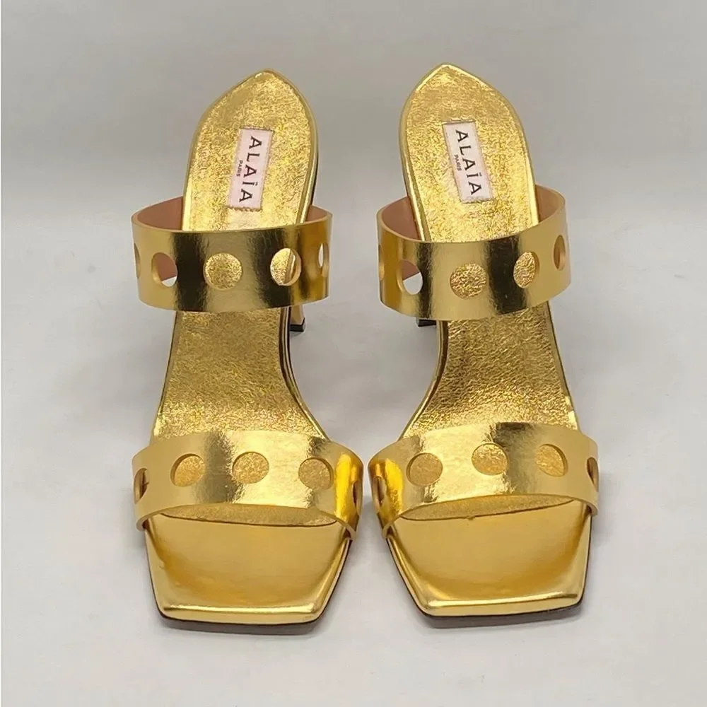 Alaia Perforated Metallic Square Toe Mules Sandal size 40.5